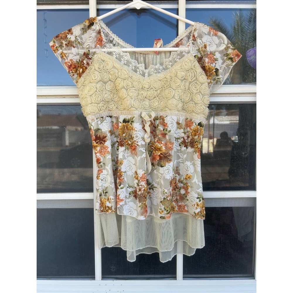 MOA USA Floral Mesh Lace Blouse Rosette Babydoll Top Medium Coquette Fairy